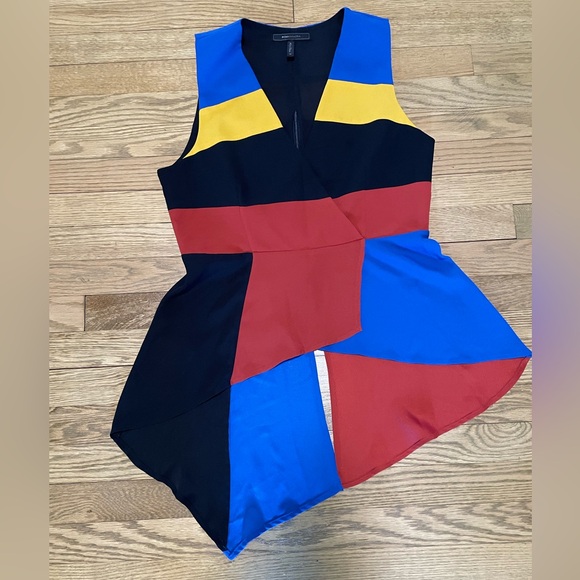 BCBGMaxAzria Colorblock Faux Wrap Asymmetrical Peplum Top Tunic Blouse / Sz M - Picture 11 of 15